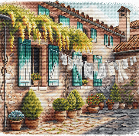 Kit de punto de cruz P054 The Patio with Flowerpots AVA Stitch con patio mediterráneo, macetas y casa rústica