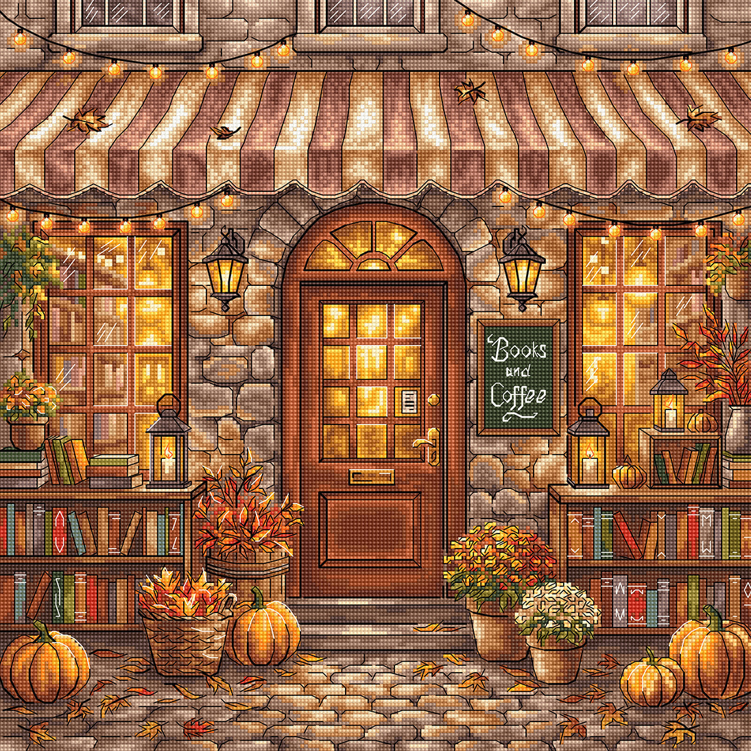 P130 Books and Coffee – Kit de Punto de Cruz Librería de Otoño | AVA Stitch