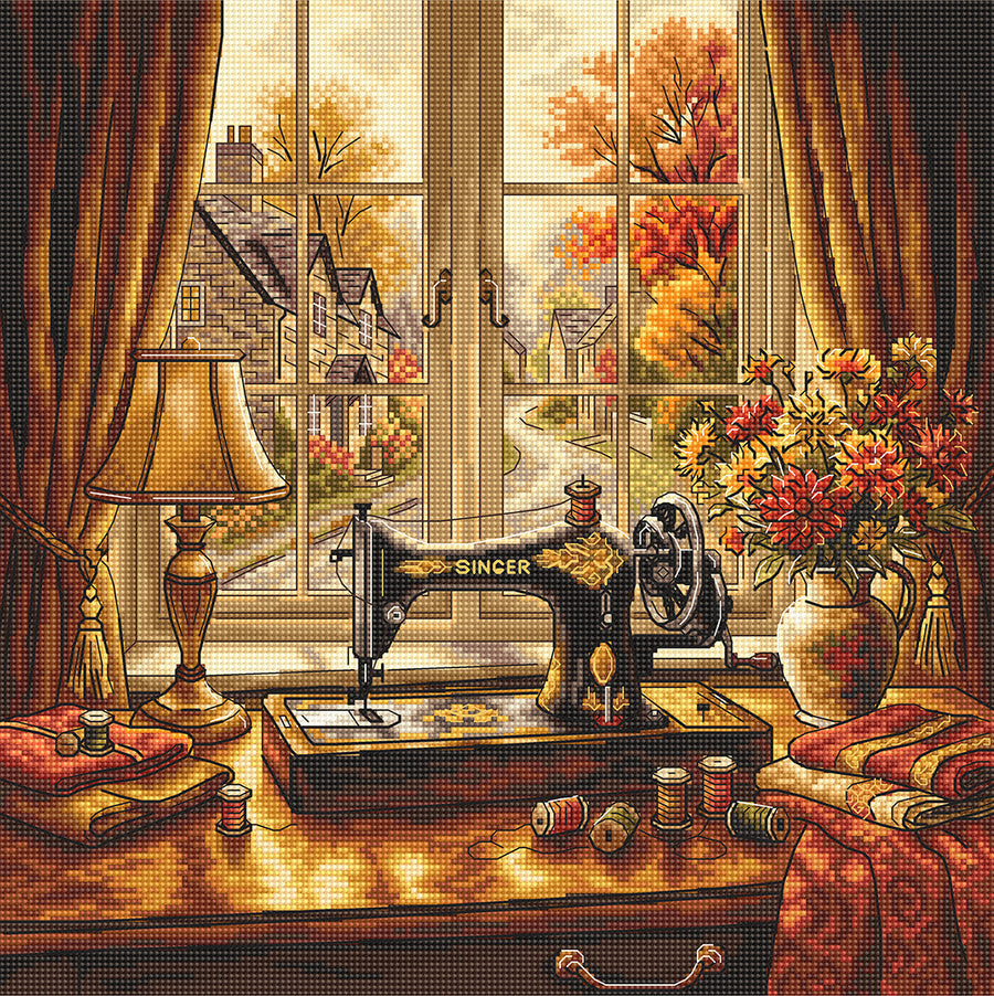 Kit de punto de cruz AVA Stitch P093 Sewing Corner – rincón de costura vintage con máquina de coser y paisaje otoñal