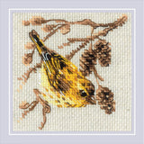 Kit de punto de cruz Siskin Riolis 2329 con pájaro bordado en tonos amarillos sobre tela Aida Zweigart color lino