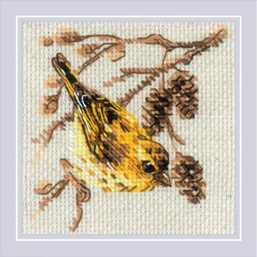 Kit de punto de cruz Siskin Riolis 2329 con pájaro bordado en tonos amarillos sobre tela Aida Zweigart color lino