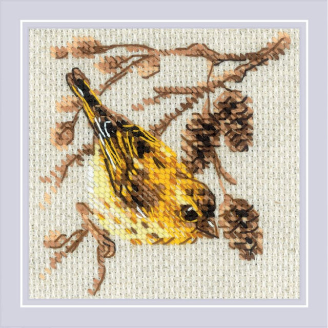 Kit de punto de cruz Siskin Riolis 2329 con pájaro bordado en tonos amarillos sobre tela Aida Zweigart color lino
