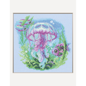 Medusa marina bordada en punto de cruz con peces sobre tela azul Zweigart AIDA 14 ct estilo acuático