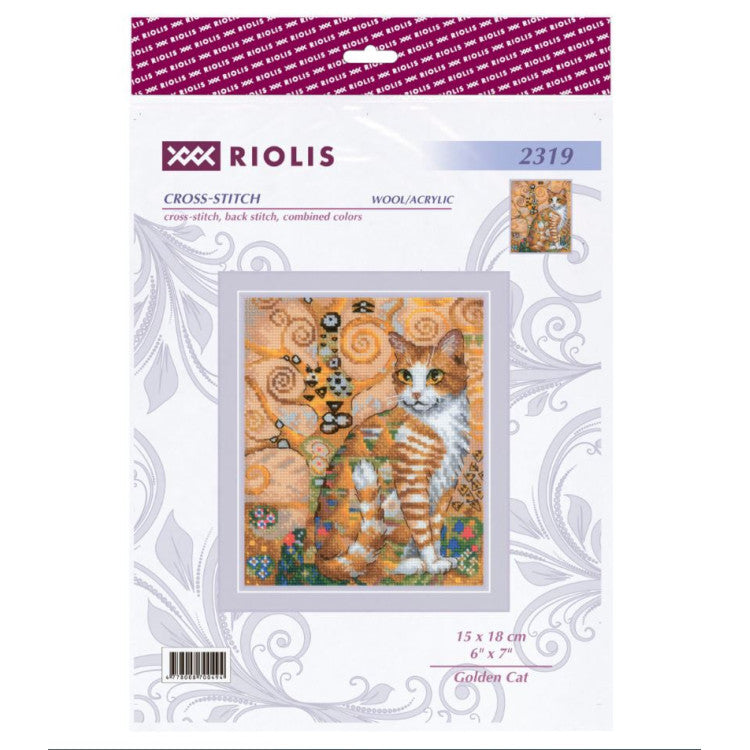 Kit de Punto de Cruz “Golden Cat” Riolis 2319 – Gato artístico 15x18 cm con Aida Zweigart - Punto y Arte