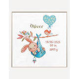 Kit punto de cruz Boy Birth Sampler A1028 Aine con conejo y espacio para datos de nacimiento