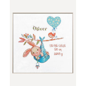 Kit punto de cruz Boy Birth Sampler A1028 Aine con conejo y espacio para datos de nacimiento