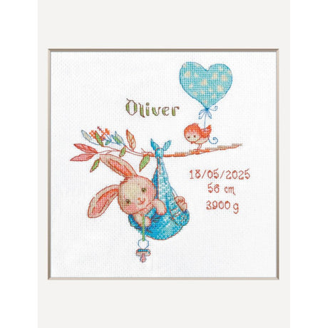 Kit punto de cruz Boy Birth Sampler A1028 Aine con conejo y espacio para datos de nacimiento