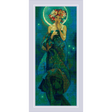 Figura femenina estilo Art Nouveau con halo lunar y flores inspirada en Mucha en punto de cruz