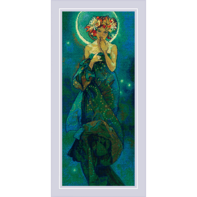Figura femenina estilo Art Nouveau con halo lunar y flores inspirada en Mucha en punto de cruz