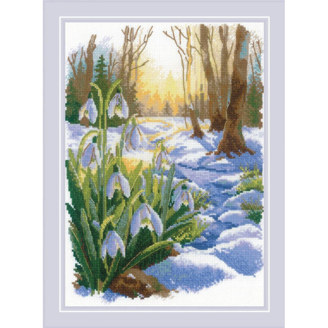 Kit de punto de cruz Riolis 2336 paisaje de primavera con flores blancas y nieve derritiéndose