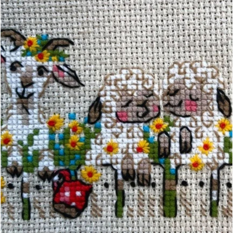 Kit de punto de cruz Riolis 2352 – Village Group Chat, cabras y ovejas, 24 × 8 cm