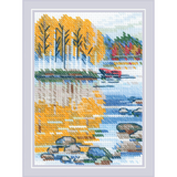 Riolis Cross Stitch Kit "By the Lake" 27x13 cm - Landscape with birds and lake