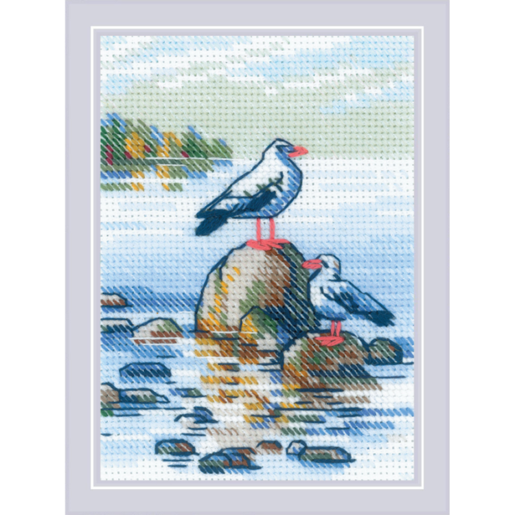 Riolis Cross Stitch Kit "By the Lake" 27x13 cm - Landscape with birds and lake