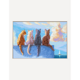 Kit de punto de cruz Aine SRA1034 Cats by the Sea con cuatro gatos sentados frente al mar bajo un cielo luminoso, bordado sobre tela Aida azul.