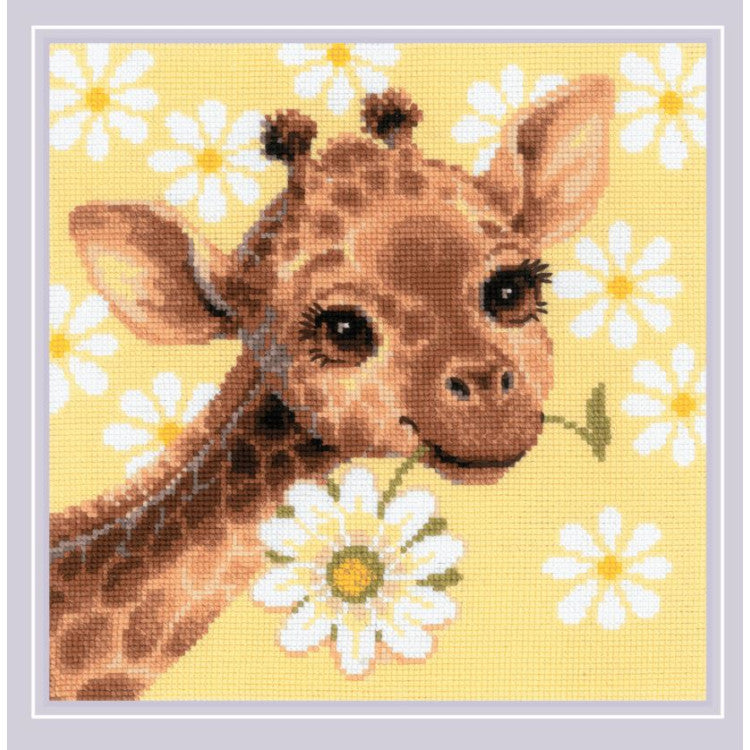 Kit punto de cruz Riolis Little Giraffe 2318 jirafa con flores diseño infantil
