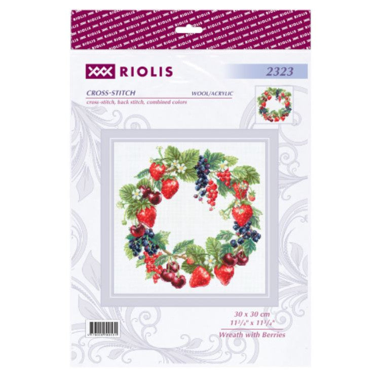Kit de punto de cruz Riolis 2323 Wreath with Berries, corona de frutos rojos, 30 x 30 cm