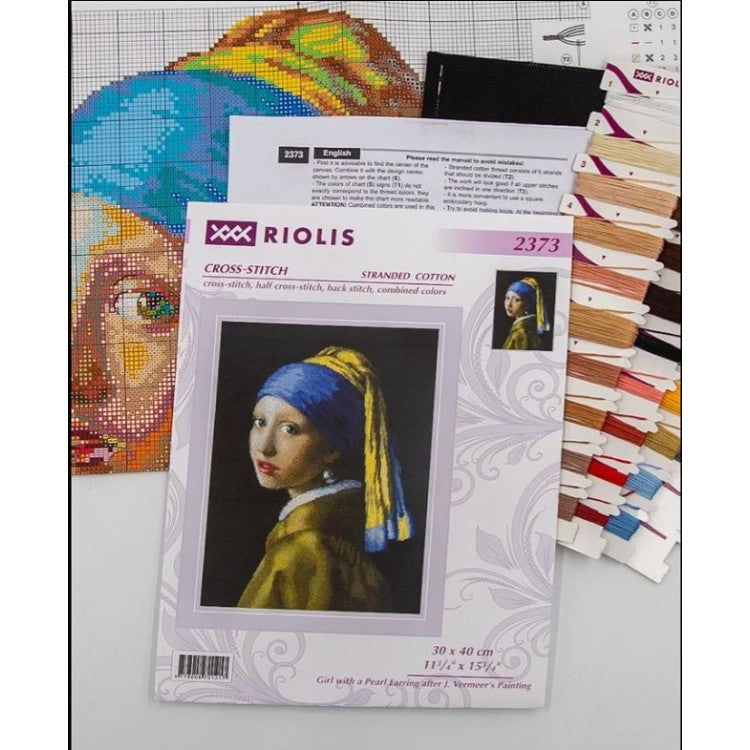 Kit de punto de cruz Riolis 2373 – La joven de la perla según J. Vermeer, 30 × 40 cm