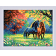 Dos caballos en prado con árboles otoñales y flores en punto de cruz