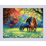 Dos caballos en prado con árboles otoñales y flores en punto de cruz