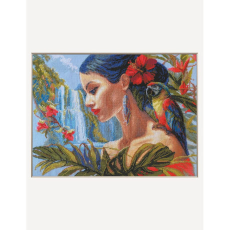 Kit punto de cruz Mother Nature Tropics A1027 mujer tropical con loro y cascada