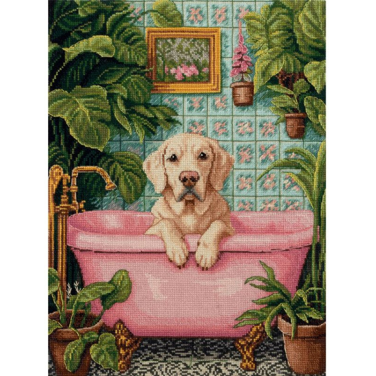 Kit de punto de cruz Water Treatments PANNA PJ-7545 con perro en bañera rosa rodeado de plantas sobre tela Aida blanca