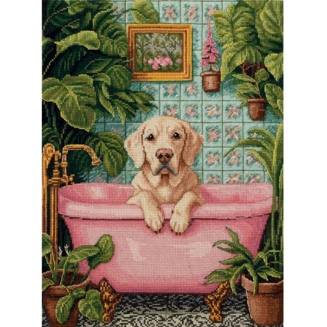 Kit de punto de cruz Water Treatments PANNA PJ-7545 con perro en bañera rosa rodeado de plantas sobre tela Aida blanca