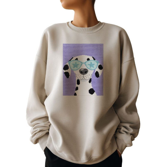Kit de punto de cruz Dalmatian PANNA PNK-7541 con perro dálmata con gafas para bordado en ropa usando lienzo soluble en agua