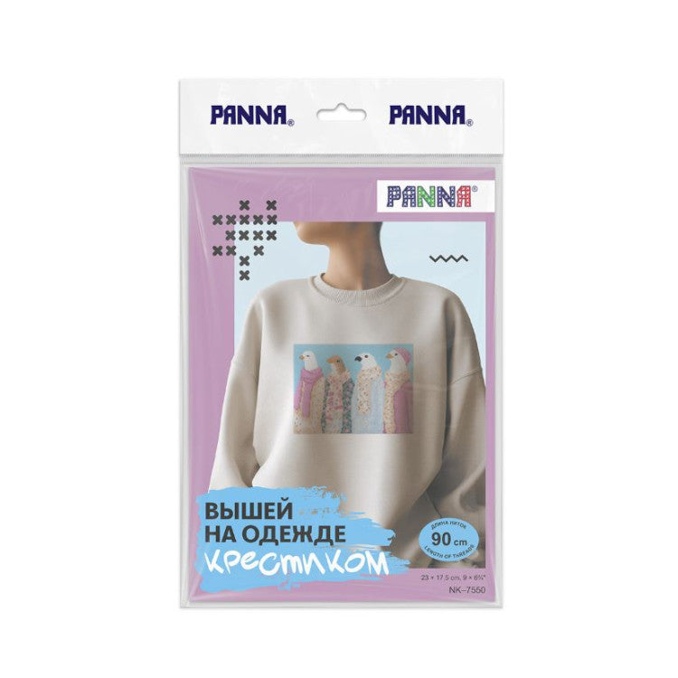 Cross Stitch Kit "Stylish Pigeons" PANNA PNK-7550 – Embroidery on clothes with soluble canvas 23x17.5 cm