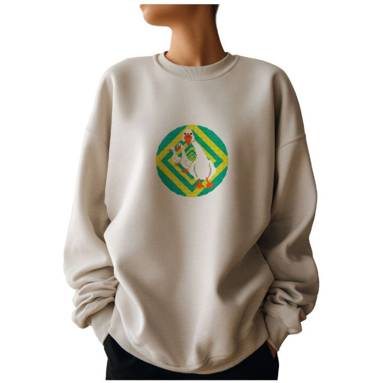 Kit de punto de cruz Hypno Geese PANNA PNK-7554 con dos gansos en diseño geométrico para bordado en ropa con lienzo soluble