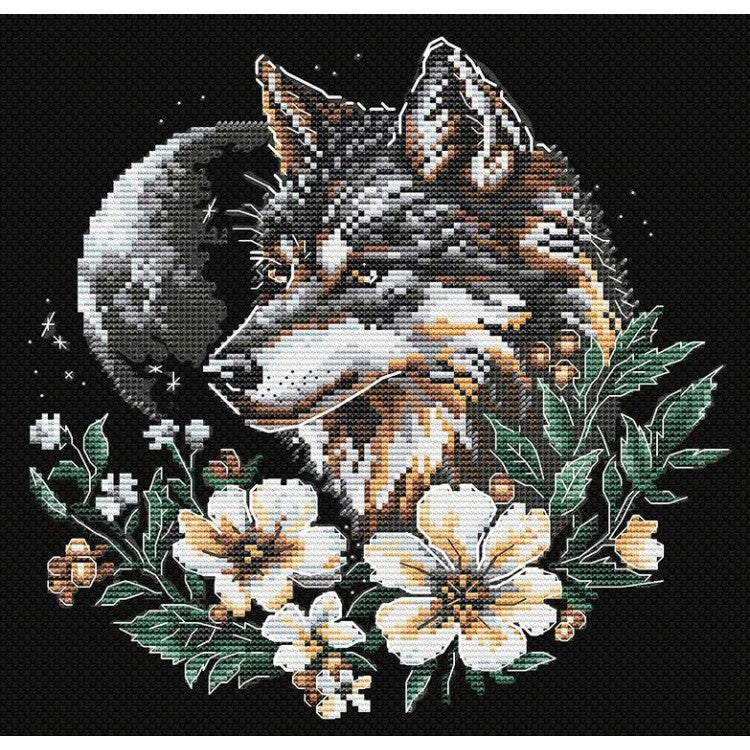 Kit de punto de cruz Andriana Guardián de la noche SANH-07 con lobo, luna y flores blancas sobre fondo negro