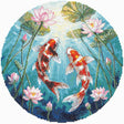 Kit de punto de cruz Andriana SANK-73 Carps and Lotuses con dos carpas koi nadando entre flores de loto y hojas verdes sobre fondo acuático circular.