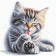 Kit de punto de cruz Andriana SANM-46 Soft Paws con gatito gris atigrado lamiéndose la patita sobre fondo blanco, bordado en Aida 16 ct.