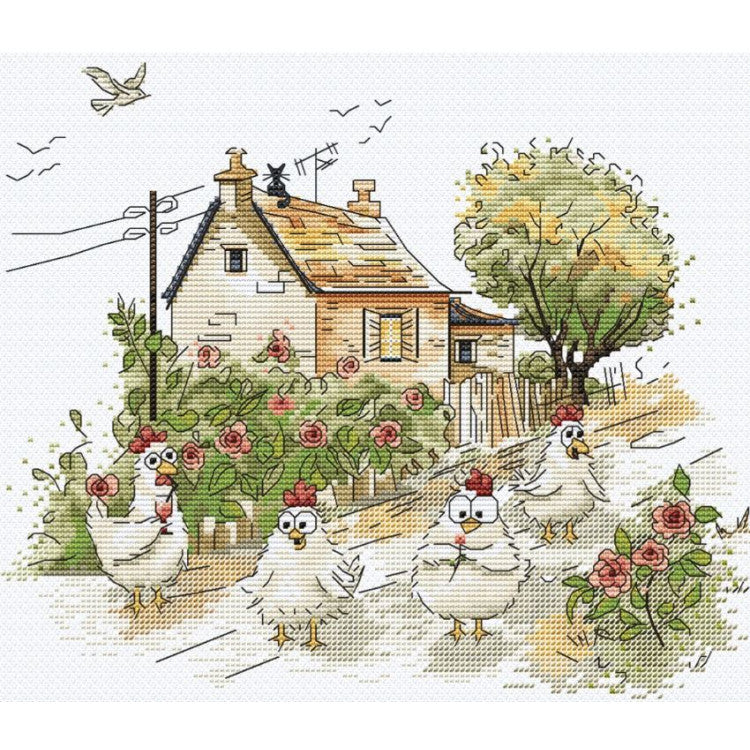 Kit de punto de cruz Is it really summer Andriana con gallinas en jardín campestre frente a casa rural sobre tela Aida 16 ct
