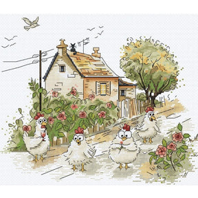Kit de punto de cruz Is it really summer Andriana con gallinas en jardín campestre frente a casa rural sobre tela Aida 16 ct