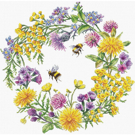 Kit de punto de cruz Field Wreath Andriana con corona de flores silvestres y abejorros sobre tela Aida 16 ct
