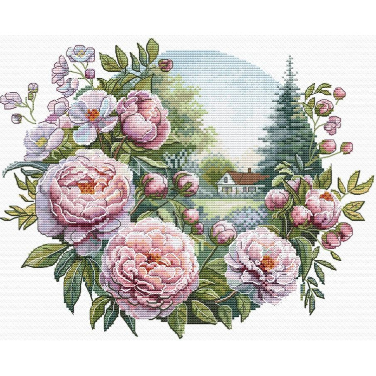 Kit de punto de cruz Peony Tenderness Andriana con peonías rosadas y paisaje campestre sobre tela Aida 16 ct