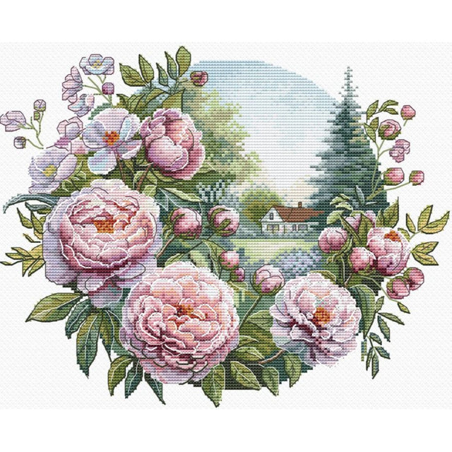 Kit de punto de cruz Peony Tenderness Andriana con peonías rosadas y paisaje campestre sobre tela Aida 16 ct
