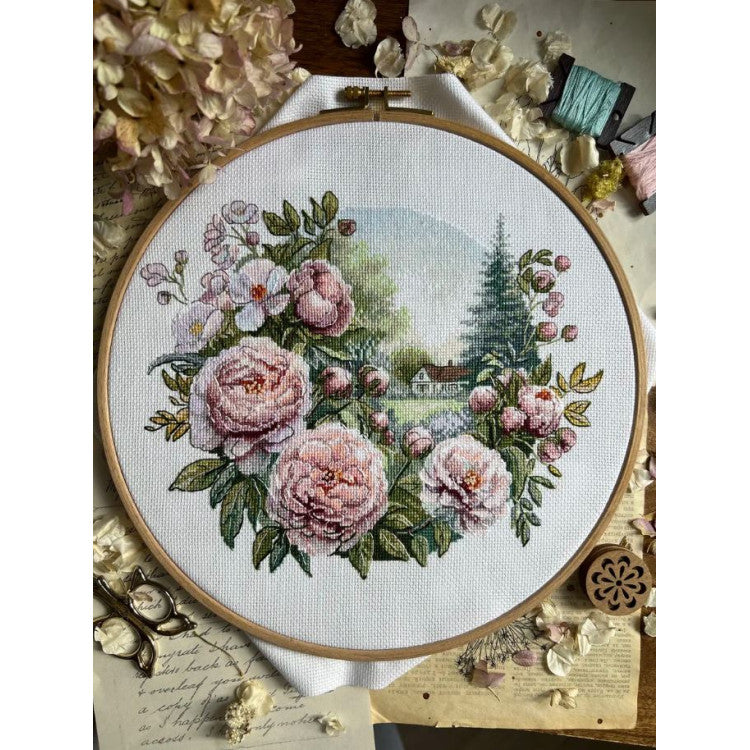 Kit de point de croix « Tendre pivoine » Andriana SANP-79 – Pivoines romantiques 25x21 cm Aïda 16 ct