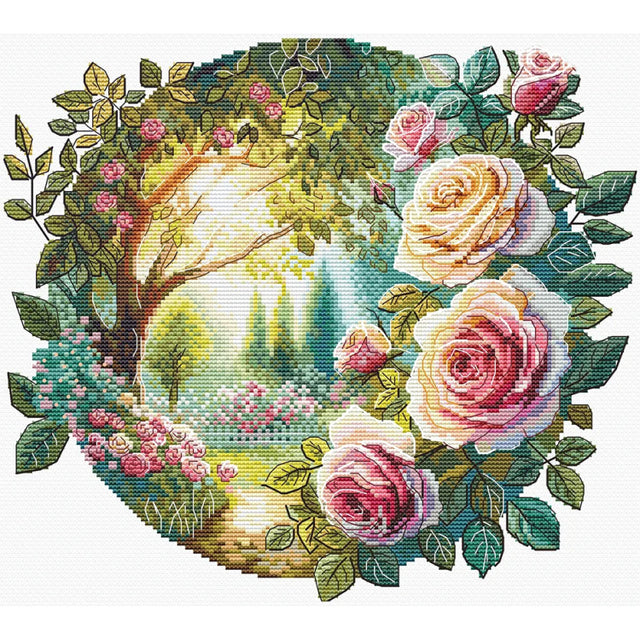 Kit de punto de cruz Andriana SANS-84 Dream Garden con jardín romántico, rosas grandes, hojas verdes y sendero iluminado sobre Aida blanca.