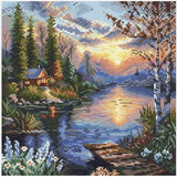 Kit de punto de cruz Quiet Shore Andriana SANT-21 con paisaje de lago al atardecer, árboles y cabaña sobre tela Aida 16 ct
