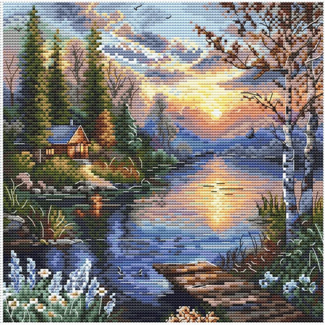 Kit de punto de cruz Quiet Shore Andriana SANT-21 con paisaje de lago al atardecer, árboles y cabaña sobre tela Aida 16 ct