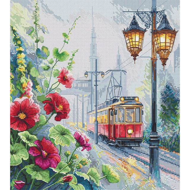 Kit de punto de cruz Morning Tram Andriana SANU-11 con tranvía rojo, farolas y flores en escena urbana sobre tela Aida 16 ct