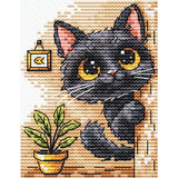 Kit de punto de cruz Andriana SANZ-76 Bookmark Baby con gatito negro de ojos amarillos asomándose junto a una planta, bordado sobre canvas plástico blanco.