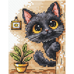 Kit de punto de cruz Andriana SANZ-76 Bookmark Baby con gatito negro de ojos amarillos asomándose junto a una planta, bordado sobre canvas plástico blanco.
