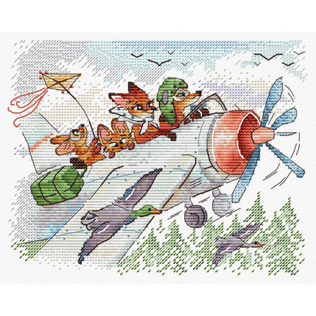 Kit de punto de cruz MP Studia SM-1250 Let’s Fly South con animales viajando en un avión, cometa, aves y paisaje en una escena de aventura sobre canvas blanco.