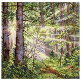 Kit de punto de cruz MP Studia Sunny Forest SNV-1004 con paisaje de bosque verde iluminado por la luz del sol entre los árboles.