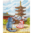Kit de punto de cruz MP Studia Graceful Dance SNV-1013 con dos gatos bailando delante de una pagoda oriental.