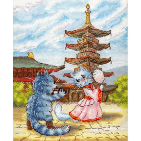 Kit de punto de cruz MP Studia Graceful Dance SNV-1013 con dos gatos bailando delante de una pagoda oriental.