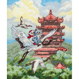 Kit de punto de cruz MP Studia Air Travel SNV-1016 con gato montado sobre una grulla blanca volando frente a una pagoda oriental.