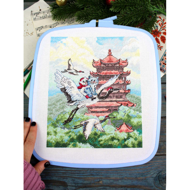 Cross Stitch Kit MP Studia Air Travel SNV-1016 cat traveling on a crane